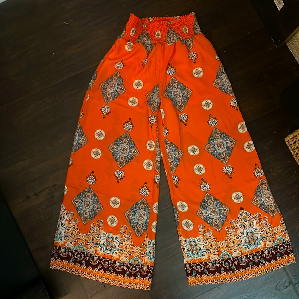 Sienna Sky Orange Print Flowing Lined Summer Pants.